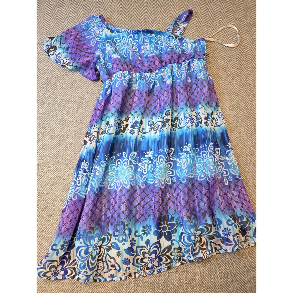 Philly One Shoulder Dress Women's 10 Blue Purple Floral Print Empire Waisted